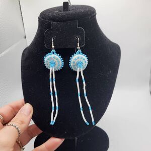 Native Made Seed Bead Blue and White Deer Skin Backed Earrings